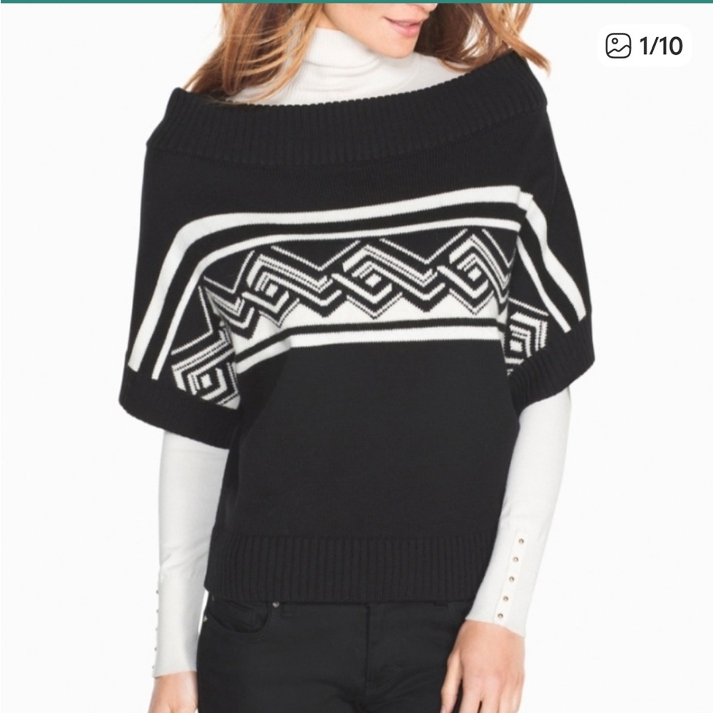 White House Black Market Black & White Off-Shoulder Geometric Sweater